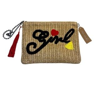 NWT Pink Haley Tan Crossbody Bag Black, Red, Yellow Accents Knit Straw Tassels